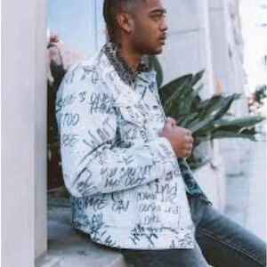 NWT MNML  Blue Scribble Trucker Graffiti Jacket Men's Jacket